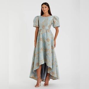 Mac Duggal 11608 Blue Brocade Puff Sleeve High Low Gown sz 10